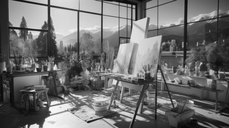 Art studio with half-finished canvases. Generative AI